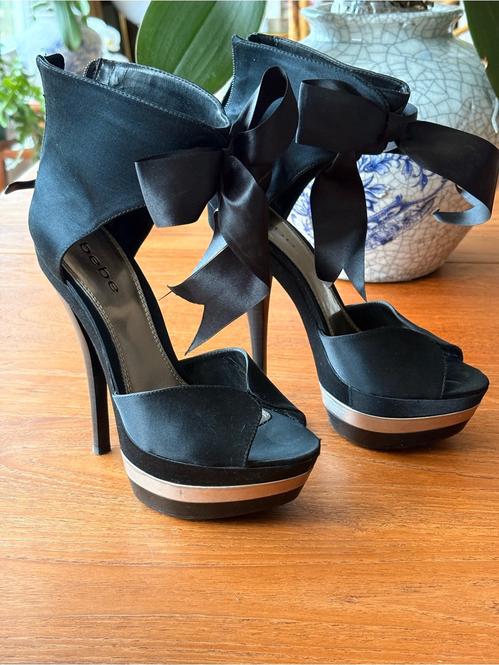 bebe Black Satin Ribbon Platform Peep-Toe Heels “Andi” in box